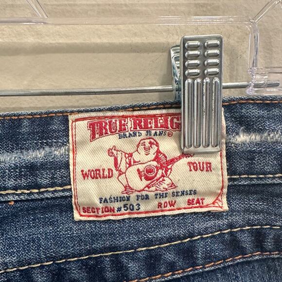 True Religion Joey Distressed Low-Rise Flare Jeans Size 29 Dark Wash Blue Y2K - Picture 8 of 11